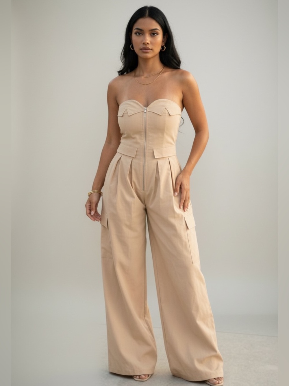 Strapless Beige Utility Wide-Leg Jumpsuit